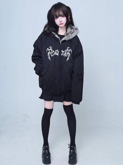Black Kei Embroidered Hooded Jacket Fur-Collar Jirai