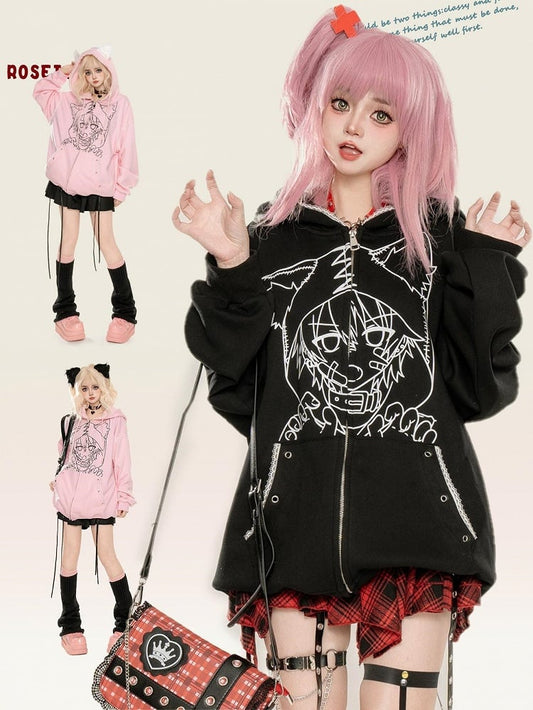 Punk Schwarz/Pink Anime Girl Print Katzenohren Reißverschluss Hoodie