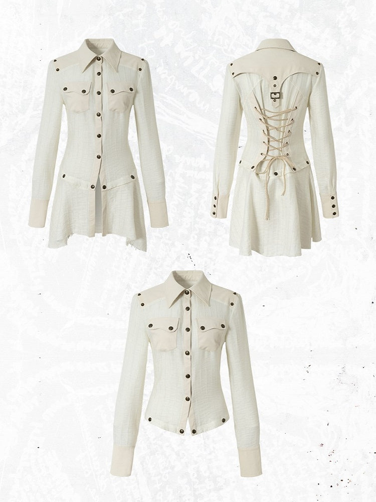 Punk Vintage Detachable Hem Patchwork White Back PU with Shirt Deconstructed