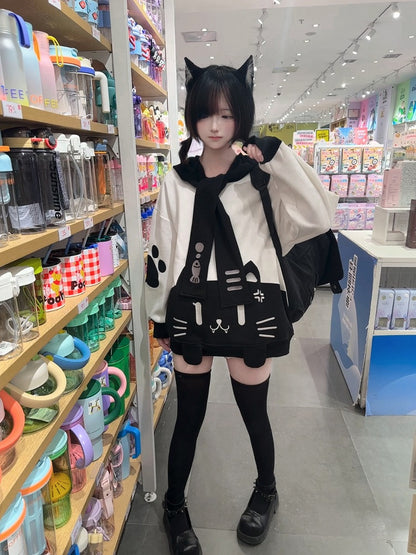 Sweatshirt with Detachable Sailor Collar Black Otaku-Kawaii Grumpy Cat Softgirl White Embroidery and