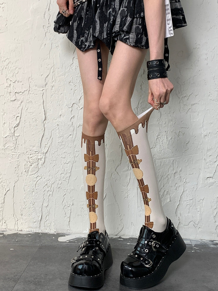 Cookie Print Y2K Bowknot And WhiteBrown Underknee Bittersweet Stockings