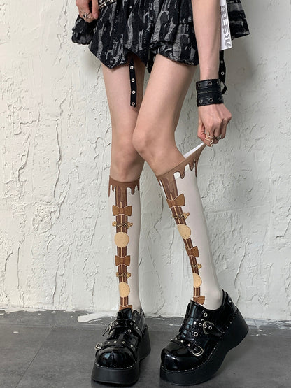 Cookie Print Y2K Bowknot And WhiteBrown Underknee Bittersweet Stockings