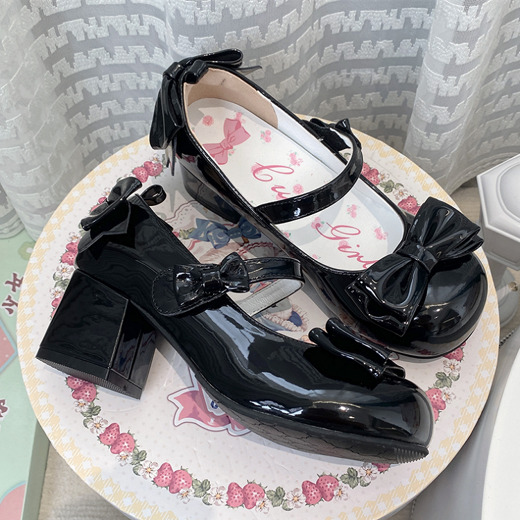 Black Bowknot Round Toe 5.5CM Block Heel Lolita Shoes