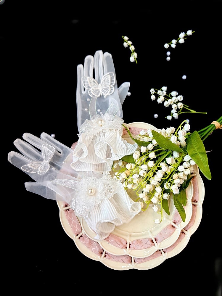 White Butterfly Decorations with and Lace Bead Gloves