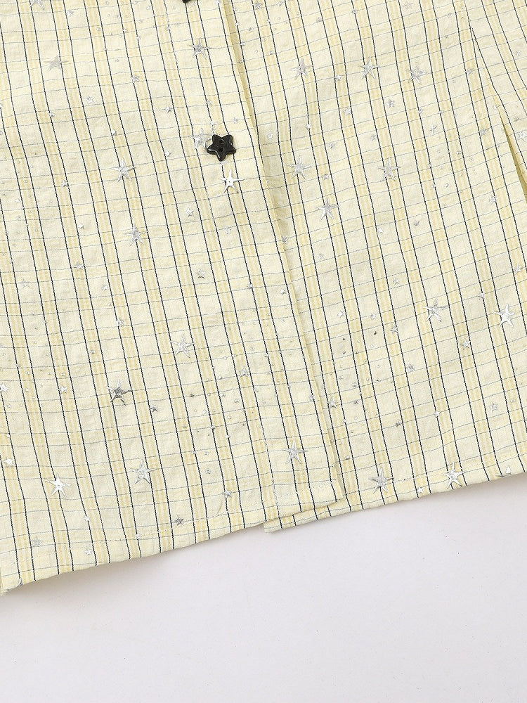 Yellow Plaid Short-Sleeve Shirt with Star Print and Necklace - Languid Park