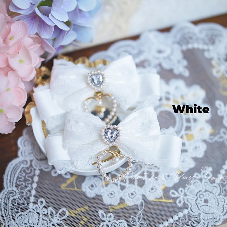Heart Rhinestone Jirai Kei Lace Bow Hairclips Blue/BlackWhite/White Pink/Light Dusty
