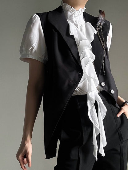 Ouji Lolita Vintage White Puff Sleeve Shirt with Detachable Lace Necklace & Cascading Ruffles