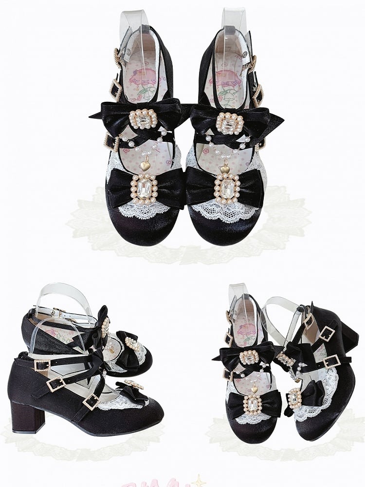 Beaded Mid-heel Rhinestone Crisscross with Classic Decor Shoes Accents Lolita Black Bow for Design