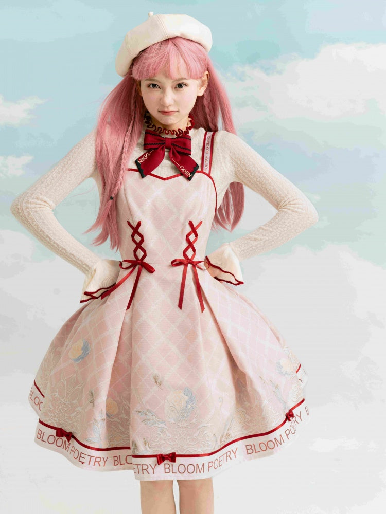 Pink and Red Trim Lace-up Front Jumper Skirt + Apricot Long Sleeves Top