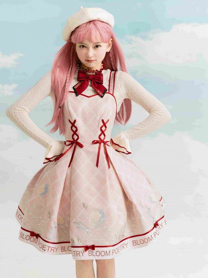 Pink and Red Trim Lace-up Front Jumper Skirt + Apricot Long Sleeves Top