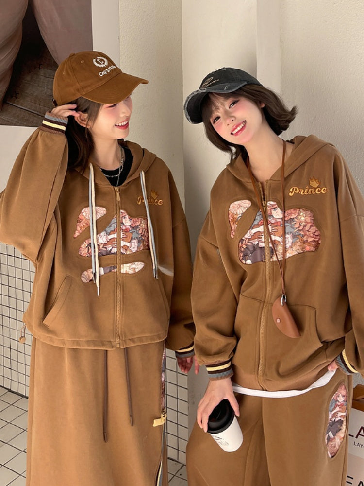 Fashion Long/Short Print Hoodie Brown Millard Vintage Version Prince