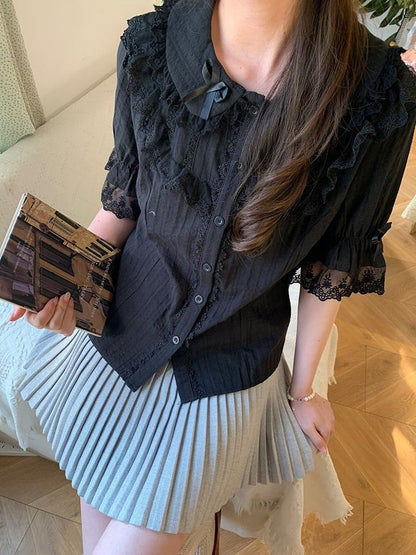 Black Bow-Trim Blouse with Lace Details - Lan Jian Chuan