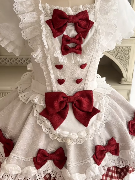 Red & White Sweet Plaid Lace Trim Bow Lolita OP with Apron - Asleep Townlet