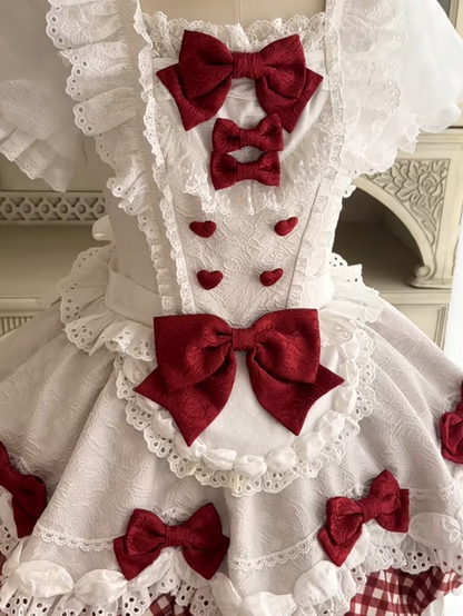Red & White Sweet Plaid Lace Trim Bow Lolita OP with Apron - Asleep Townlet