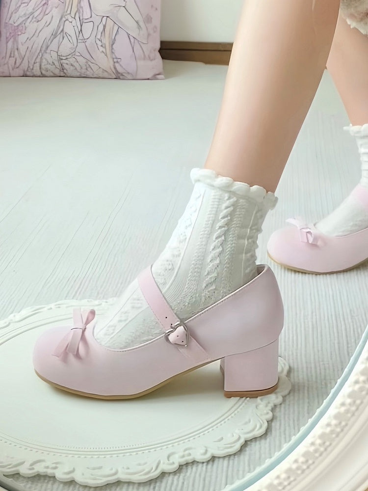 Sweet Intricate Shoes Bow Pink Snap - PU Lolita Design 5cm Heart-shaped Heeled