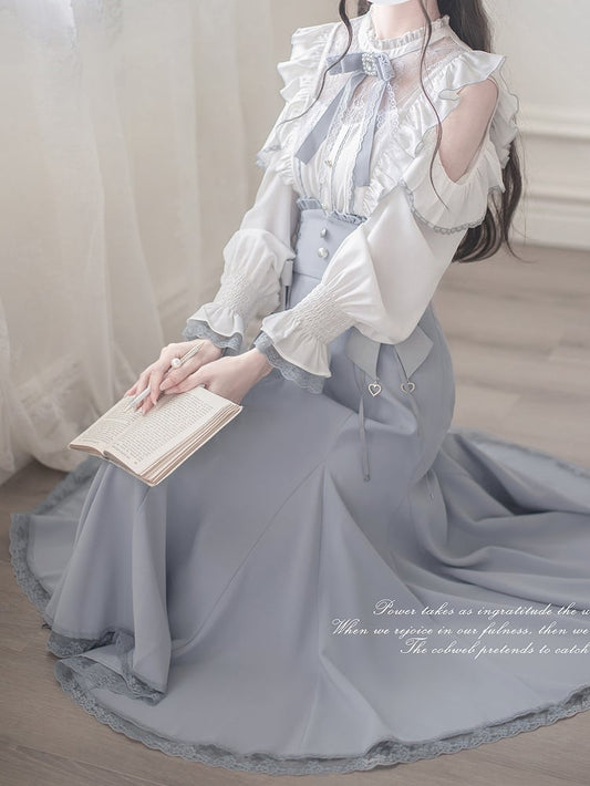 Kei Illusion Blouse Jirai Long Lace Cutout - Blue Shoulder White Sleeve Trim Top Neckline