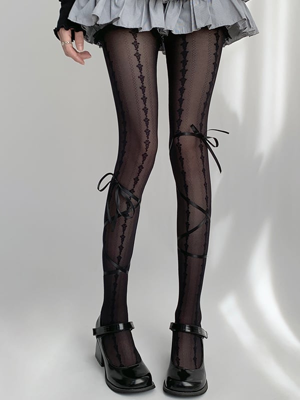 White/Black Design Bow Print Creamy Tights with Straps