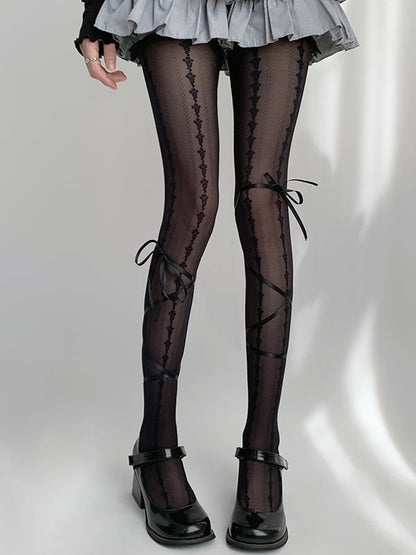 White/Black Design Bow Print Creamy Tights with Straps