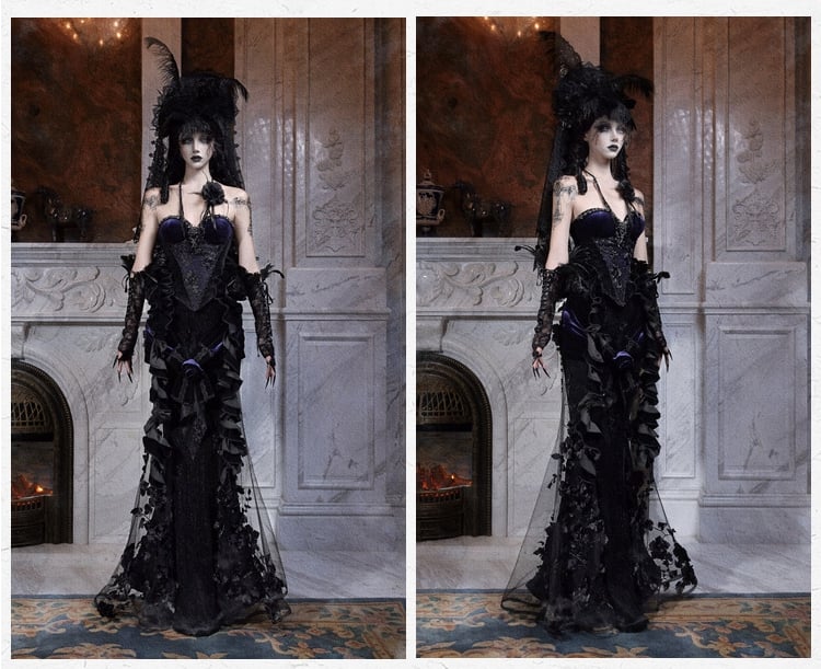 Mesh Accent with Flower Bow Black Mermaid Skirt Rose Beaded Shimmering Panels Purple