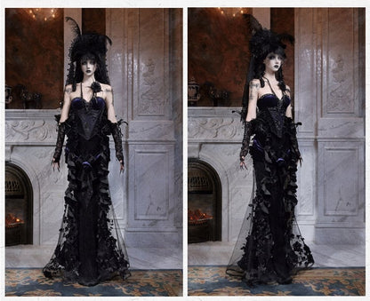 Mesh Accent with Flower Bow Black Mermaid Skirt Rose Beaded Shimmering Panels Purple