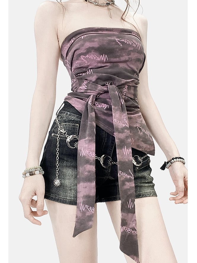 パープルダイストラップヘムトップY2Kアシンメトリービタースイートチューブセルフタイタイ