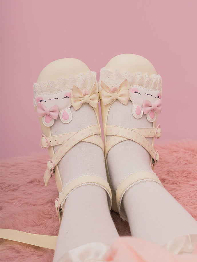 Lolita Lace Trim Bowknot Crisscross Shoes Design Applique Details Yellow Polka-dot Pattern Bunny Sweet