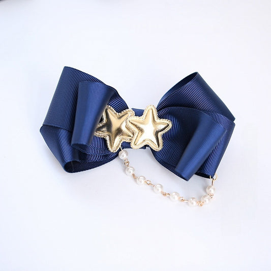 Sweet Star Bowknot Golden with Dark Bead Hairclip Chain Blue Decorations and Asymmetric