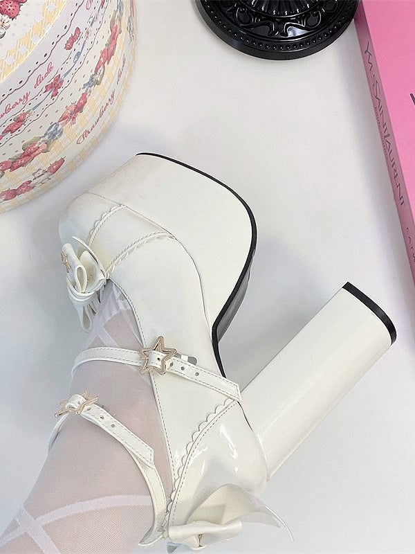 High-heeled Elegant Accents Snap Shoes 12cm Bow Star Lolita White with