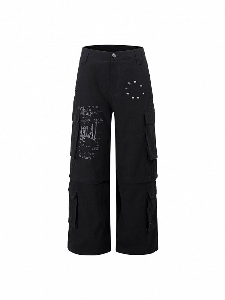 Cargo Vintage + Wide-Leg with Text Print Star Black Pants