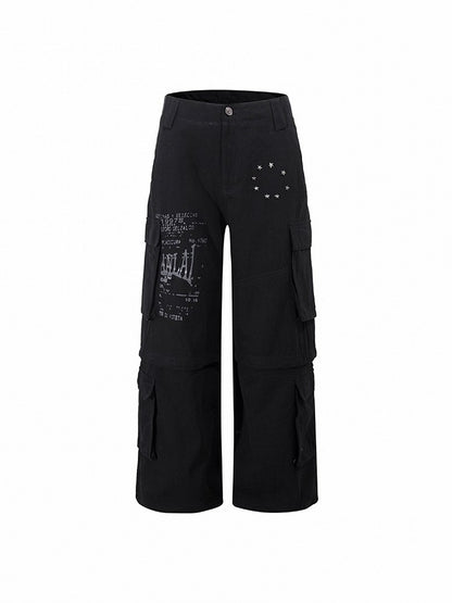Cargo Vintage + Wide-Leg with Text Print Star Black Pants