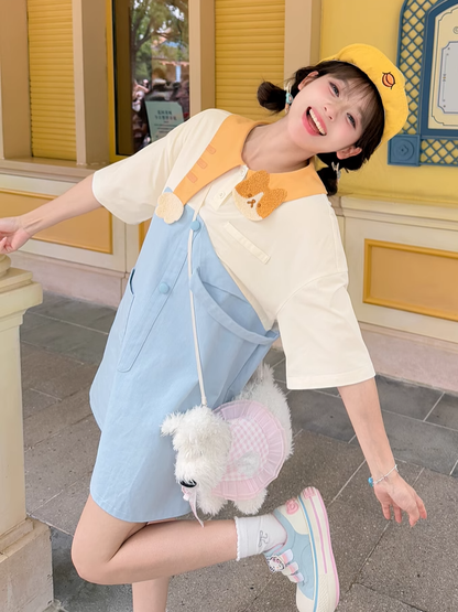 Zweiteiliges Kleid mit entzückendem Katzenkragen in Blau und Weiß mit Farbblock-Design