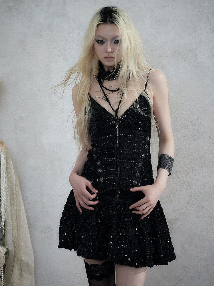 Black Double-Breasted Cami Dress with Sequin Details - NO ROMANCE
