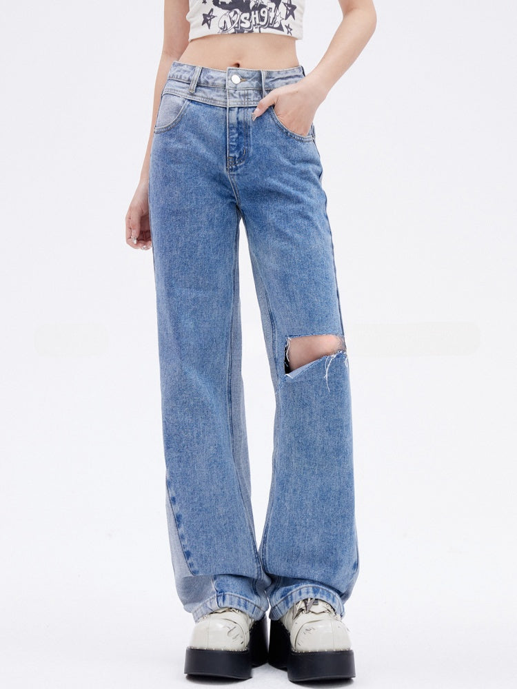 Blaue Jeans mit Löchern im Used-Look, schmale Passform, gerades Bein