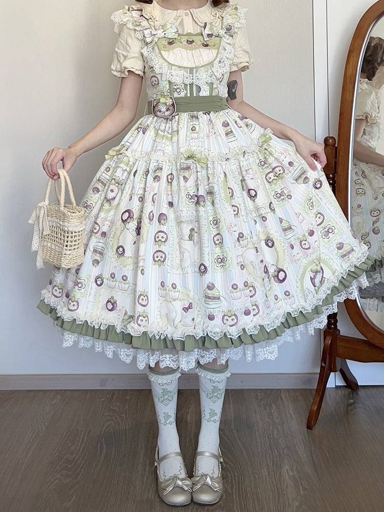 Print and Kitten Jumper Skirt Cream Mangosteen Lolita Green Sweet
