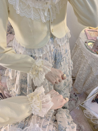 Light with Lace Edging Yellow Cropped Cardigan Triple Bow-Detailed Design