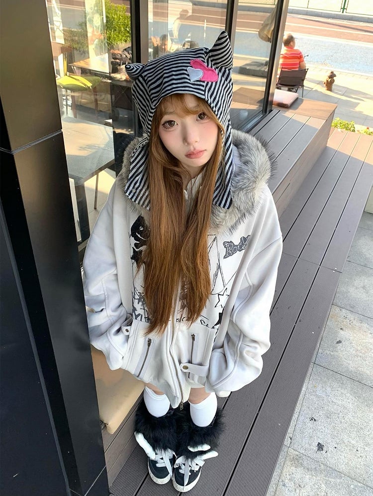 for Ear Y2K Jacket Khaki Hooded Zip-Up Rabbit Spring Hoodie