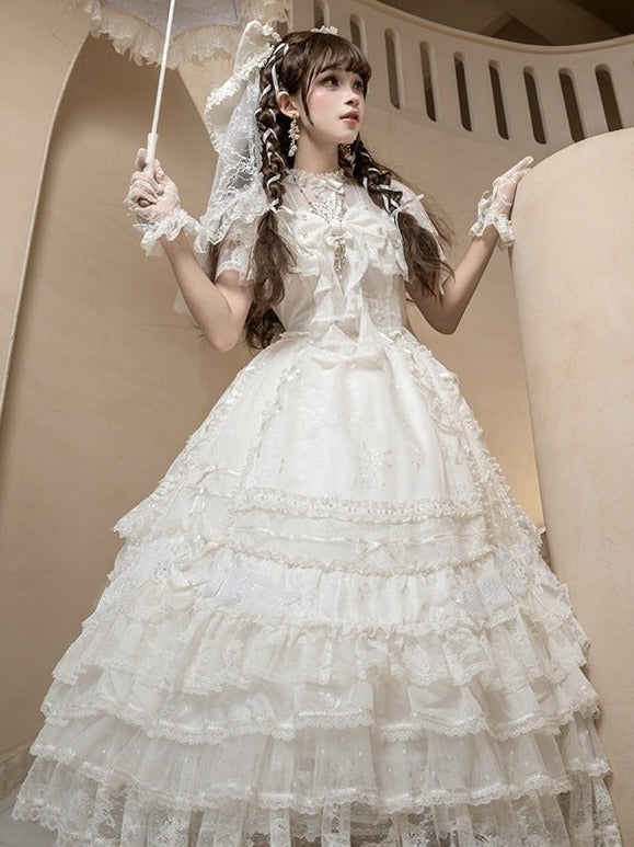 Ivory Floral Embroidered Lolita Gown with Lace Trim and Bow Train - Mademoiselle Pearl