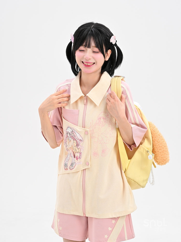 Beige and Pink Colorblock Design Shirt Anime Print Zip Bittersweet Closure Y2K