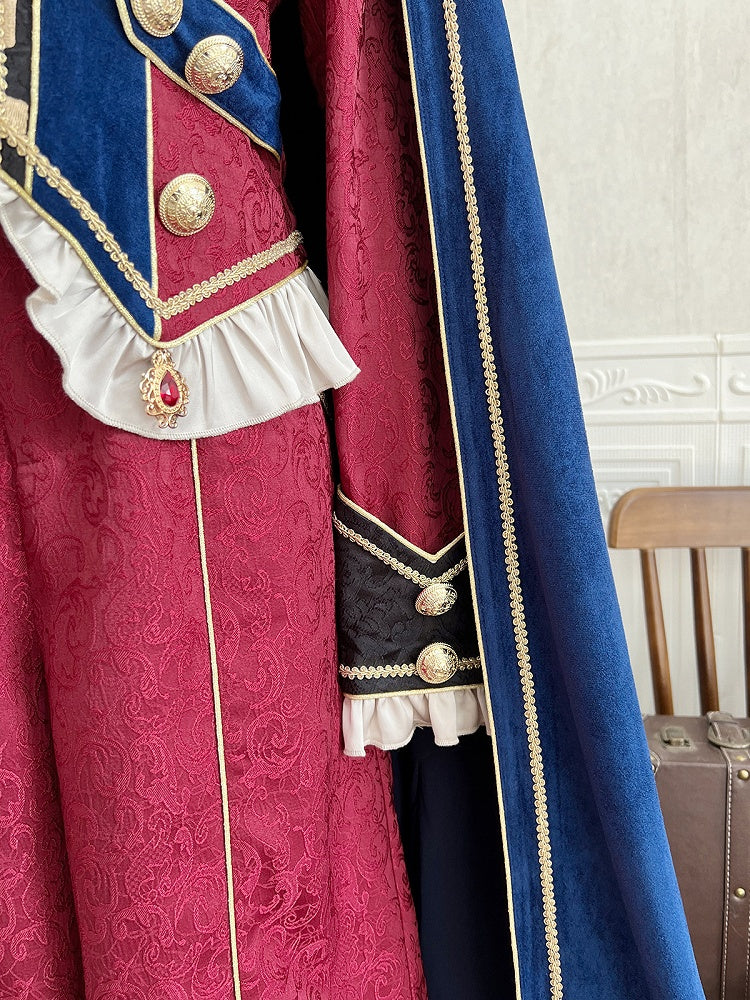 Goldenes Top + Ketten, lang, wunderschöner Stil, Prinzenärmel, blau mit Hose, königlich roter Umhang