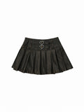 Mid-Rise Accents Spicy A-Line Metallic Black Chic PU Skirt Edgy Pleated with