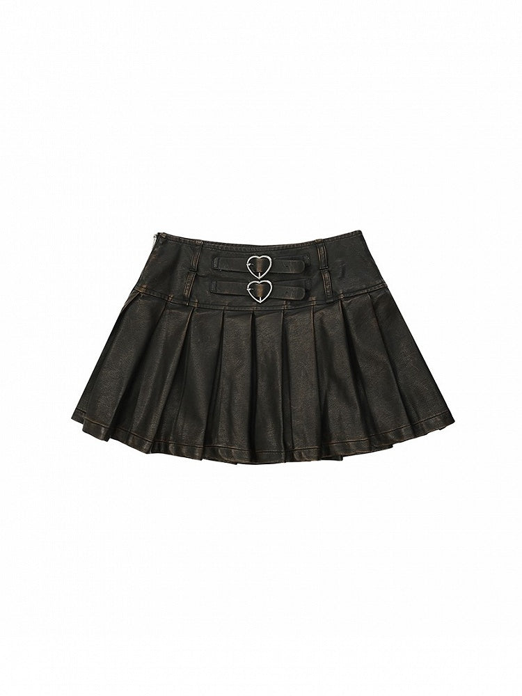 Mid-Rise Accents Spicy A-Line Metallic Black Chic PU Skirt Edgy Pleated with