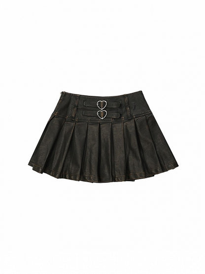 Mid-Rise Accents Spicy A-Line Metallic Black Chic PU Skirt Edgy Pleated with