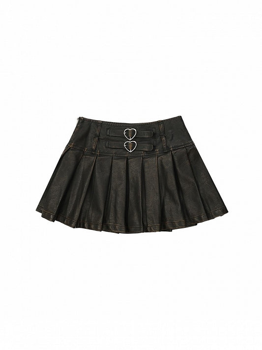Mid-Rise Accents Spicy A-Line Metallic Black Chic PU Skirt Edgy Pleated with