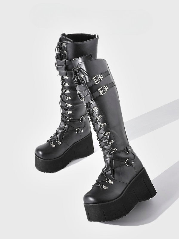 Knee-High System - Platform in Boots with Black Buckle Fastening Triple Style Punk
