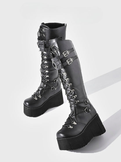 Knee-High System - Platform in Boots with Black Buckle Fastening Triple Style Punk