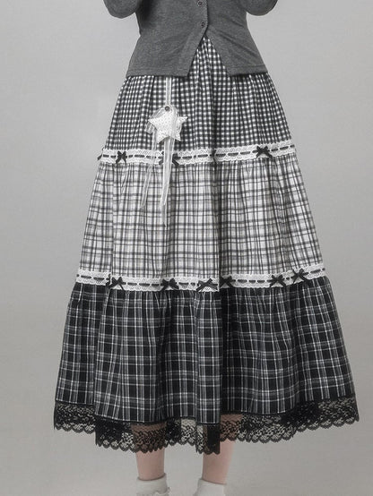 Plaid Star Ruffle Jirai Embellishment Black Removable Gray Skirt Bow Kei Trim with