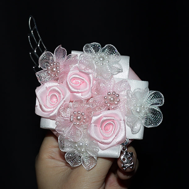 Beaded Design PinkWhite Hairclips Skeleton Charm Floral Wing And Decorated