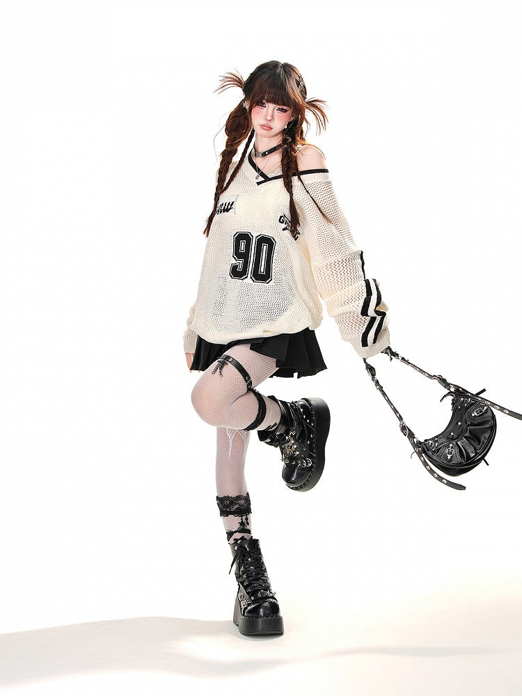 Schwarz/weißes, asymmetrisches Oberteil mit Sonnenschutz und Hohlsaum