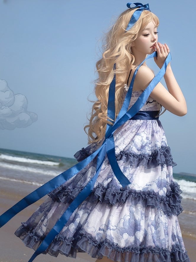 Robe Élégante Imprimé Classique Couches Nuageuses Lolita Volants Bleu Blanc