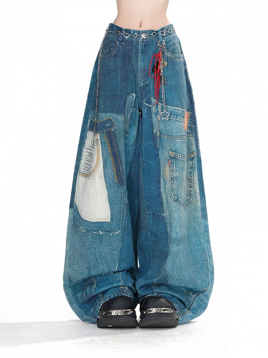 Jeans mit weitem Bein und verblasster Waschung in Denimblau mit Taschen